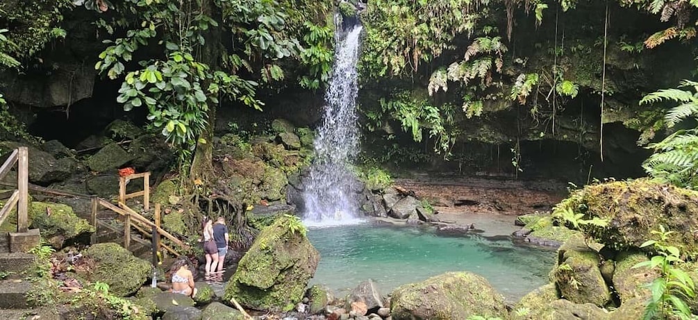 A waterfall, a clear pool, and a wooden bridge. 1