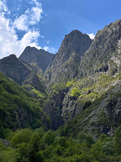 A mountainous landscape with dense green vegetation and rocky cliffs. 3