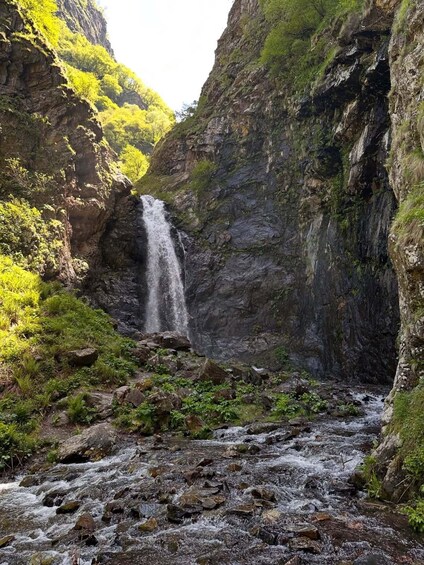 A waterfall cascading down a rocky cliff surrounded by lush greenery. 5