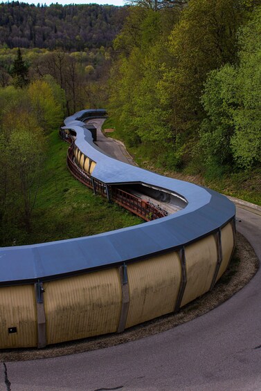 A curved train track through a forested area. 5