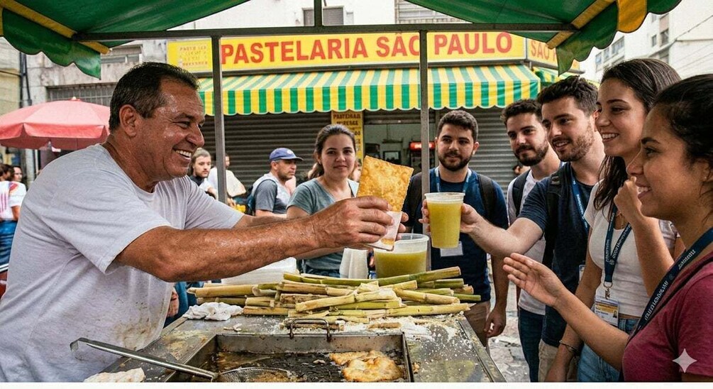 A street food vendor cooking food on a grill, with a crowd of people gathered around. 1