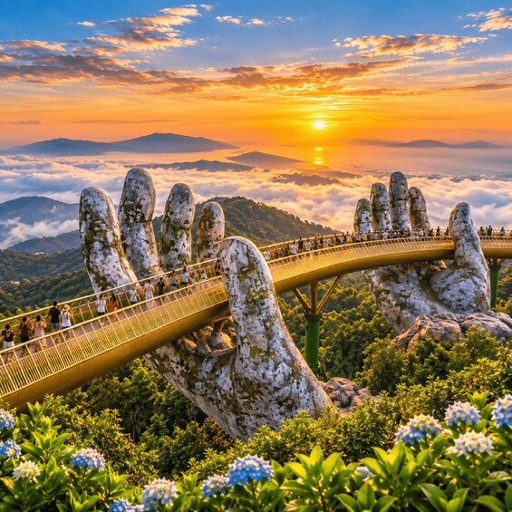 A bridge with a unique hand-shaped design, surrounded by lush greenery and mountains in the background. 1