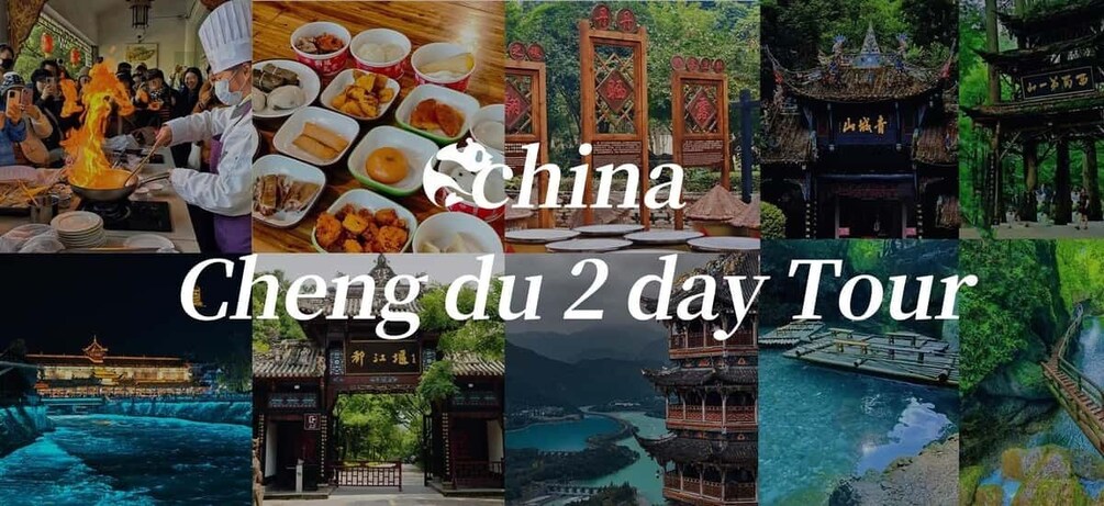 A collage of traditional Chinese architecture, food, and natural scenery. 1