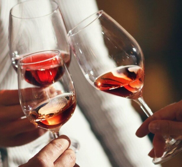 Two wine glasses with red liquid, held by hands. 3