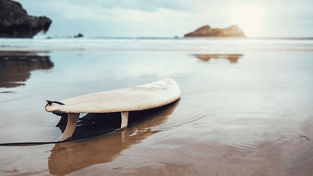 A surfboard on a wet beach with a rock and a mountain in the background. 2