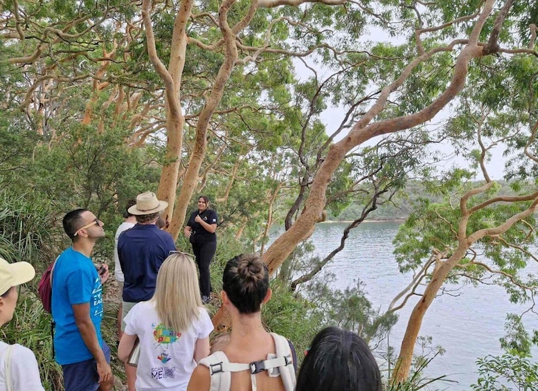 A group of people standing by a lake surrounded by trees. 3