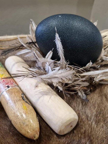 A dark spherical object, a wooden staff, and scattered feathers on a fur surface. 5