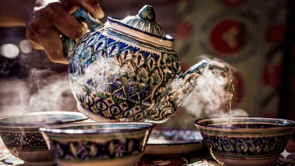 A hand pouring tea from a traditional blue and white patterned teapot into a matching teacup. 1