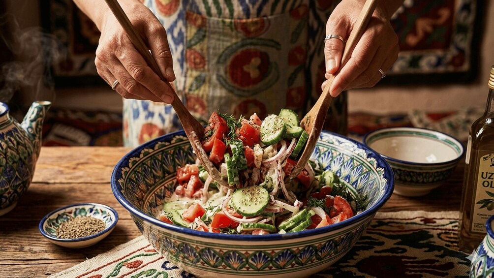 A person mixing a salad in a decorative bowl. 3