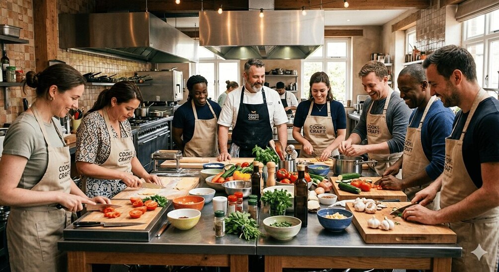 A group of people in a kitchen preparing food. 2