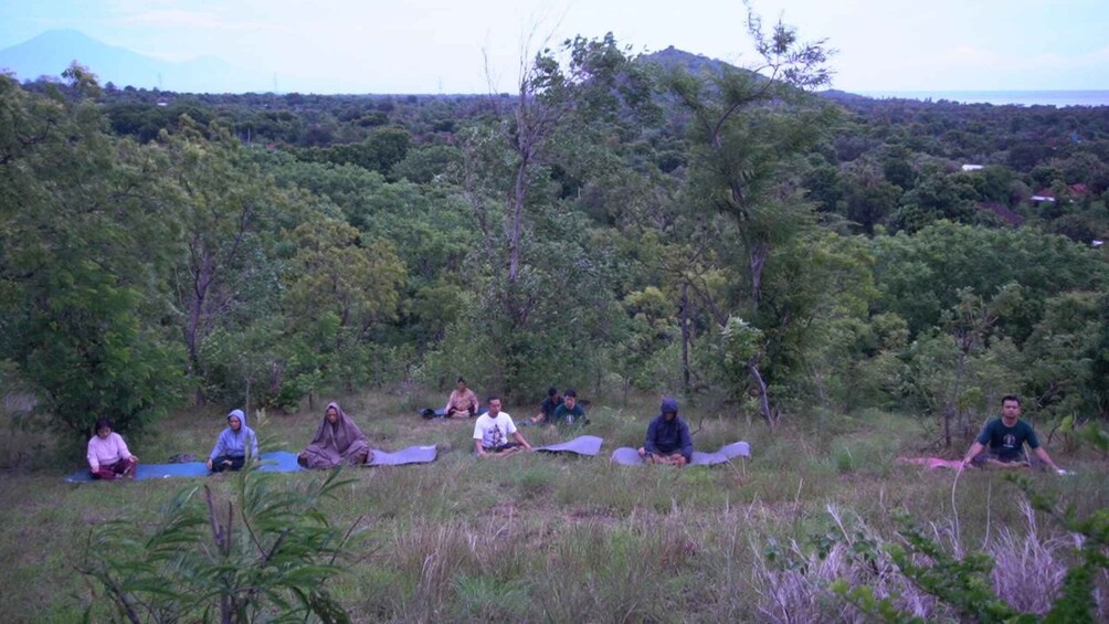 A group of people meditating on mats in a grassy field with trees and mountains in the background. 1