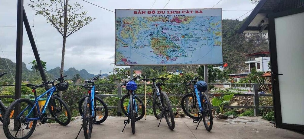 A map titled 'BÀN ĐỘ DU LIỆCH CẤT BẢ' with bicycles parked in front. 1