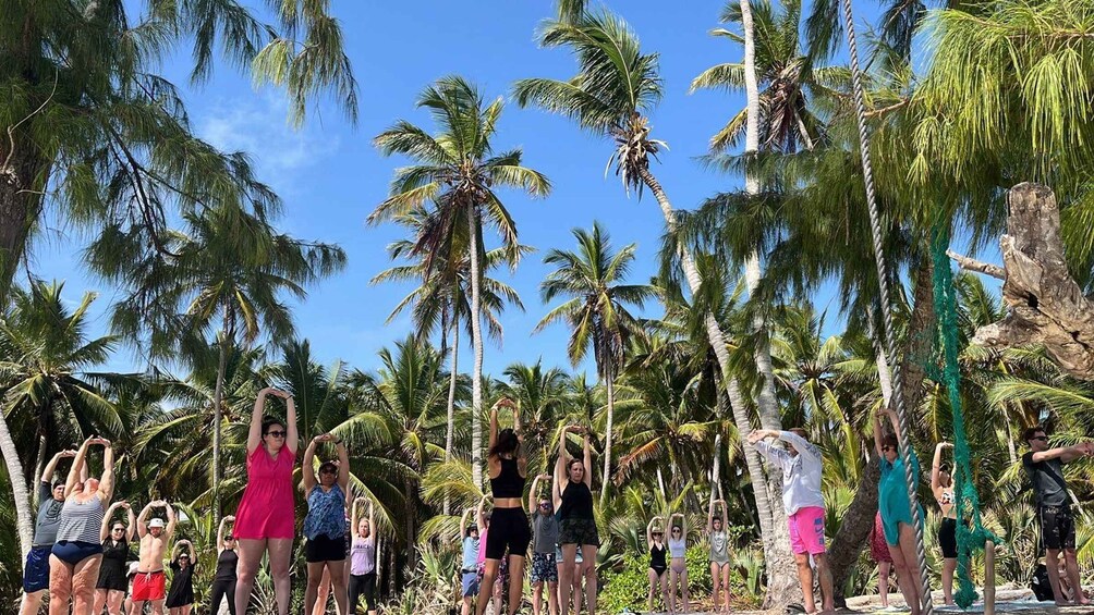 A group of people performing a synchronized dance routine on a beach with palm trees in the background. 2