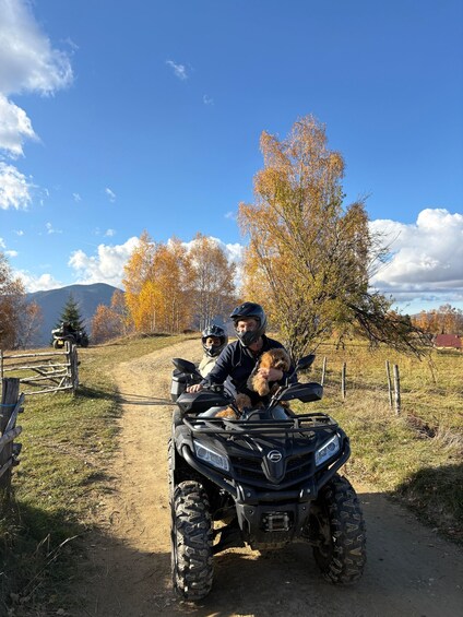 A person on a quad bike with a dog, a dirt path, autumn trees, and a mountain in the background. 5