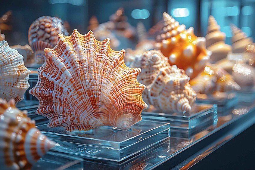 A collection of seashells displayed on clear glass stands. 3