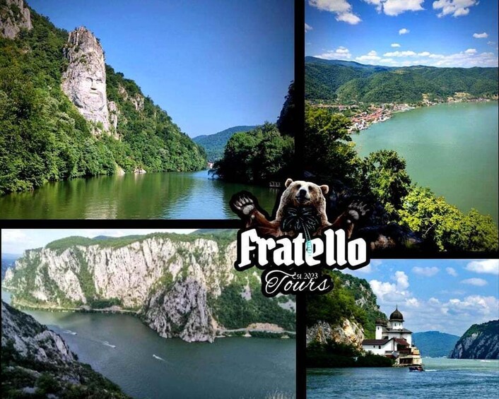 A collage of Fratello Tours' scenic landscapes including a river, cliffs, and a traditional building. 1