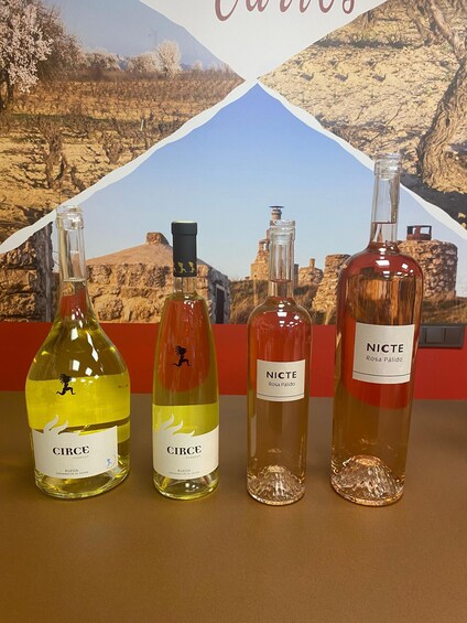 Four wine bottles with labels, set against a backdrop of a mountainous landscape. 2