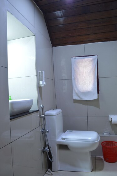 A bathroom with a white toilet, a sink, a mirror, and a shower. 3
