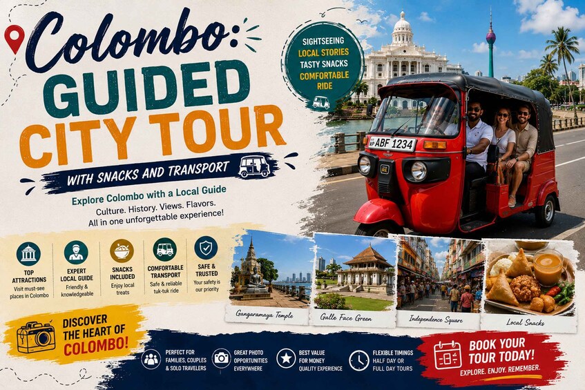 A Colombo city tour advertisement featuring a tuk tuk ride, landmarks like the Galle Face Green, and local snacks. 1