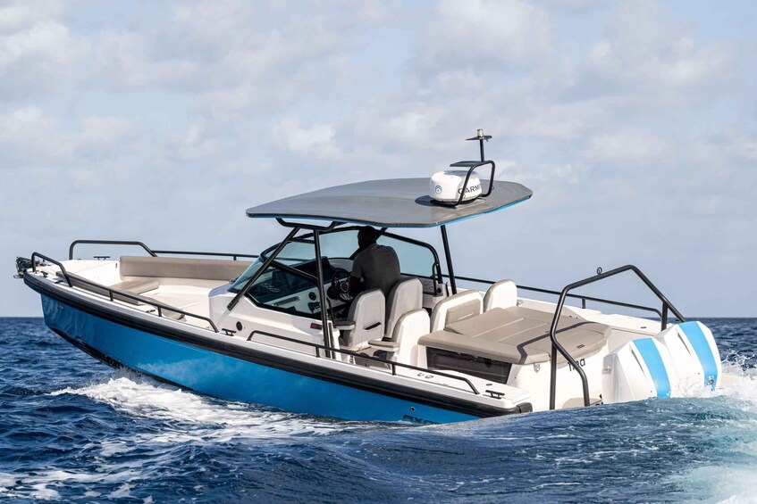 A blue and white motorboat with a canopy and a radar device on the deck. 1