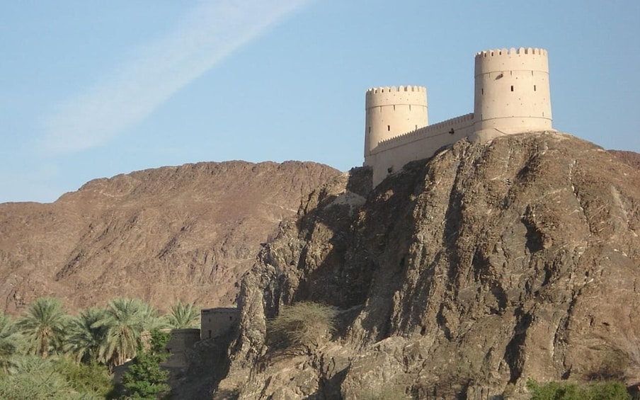 A fortress with two towers on a rocky hill, palm trees in the foreground, and a clear sky. 5