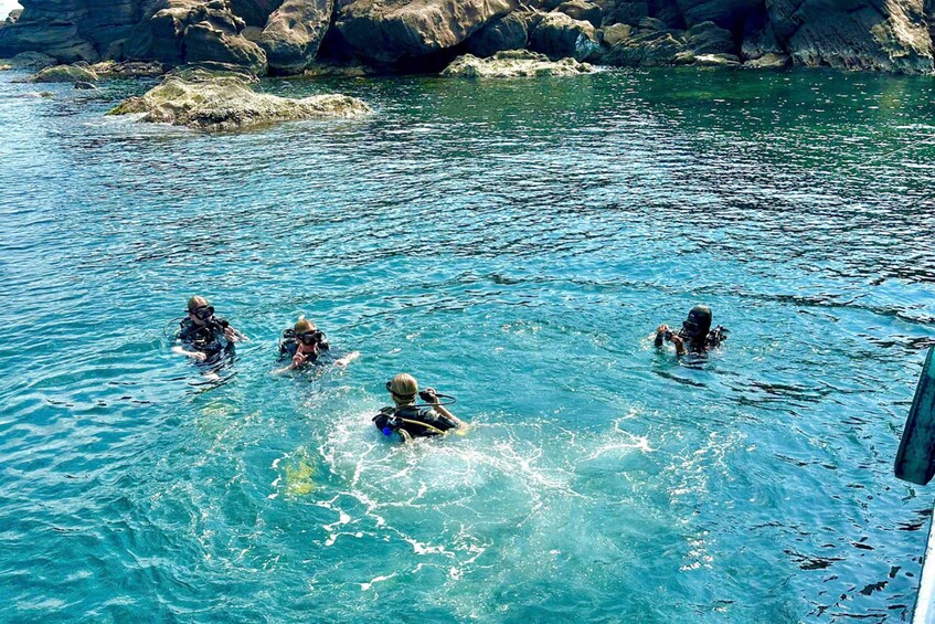 Four people in wetsuits swimming in a clear blue sea with rocky formations in the background. 1