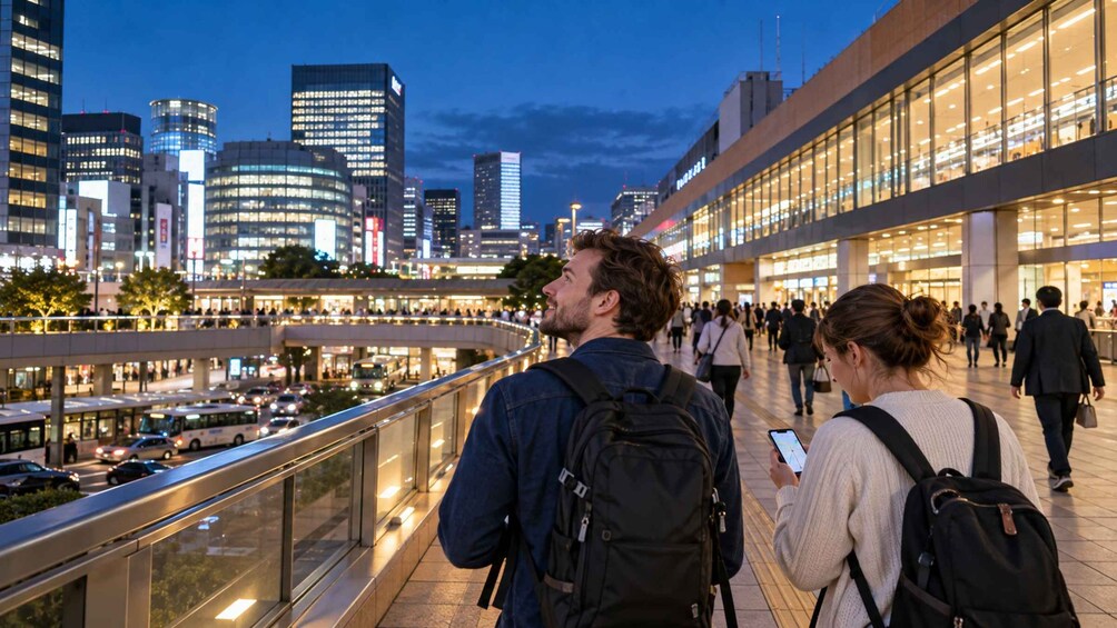 A cityscape at dusk with modern buildings, a busy street with vehicles, and pedestrians. 2