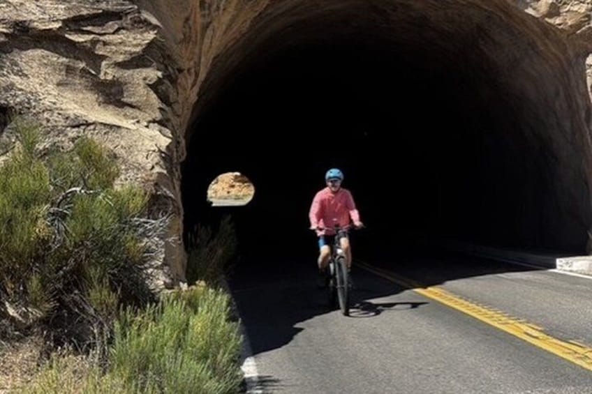 A cyclist riding through a tunnel with rocky walls and sparse vegetation on the sides. 3