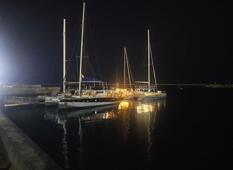 A marina at night with several sailboats docked, illuminated by artificial lighting. 4