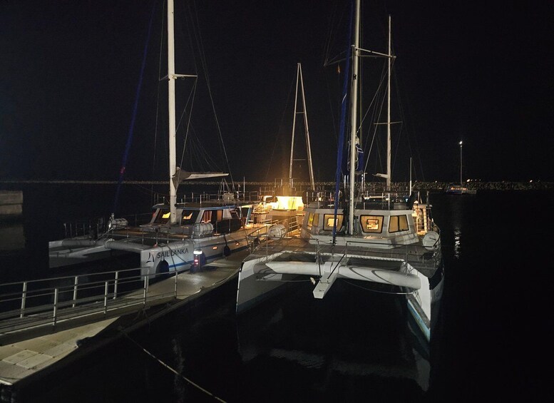A marina at night with several sailboats docked, illuminated by artificial lighting. 1