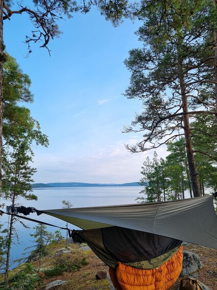 A hammock between trees overlooking a lake. 2