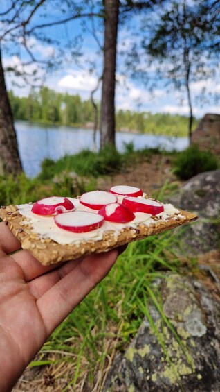 A hand holding a slice of bread with radish slices and seeds. 5