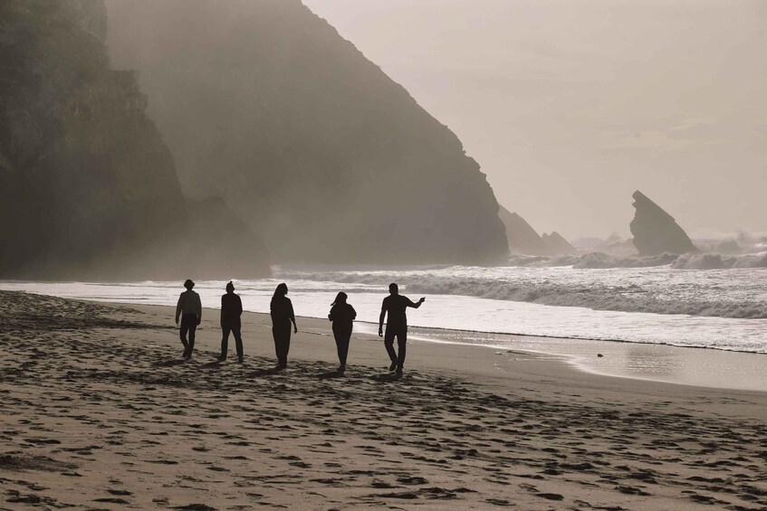 A beach with people walking, waves crashing, and large rock formations in the background. 4