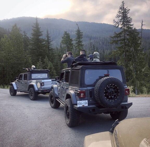Two off-road vehicles on a paved road with a forested mountain in the background. 2