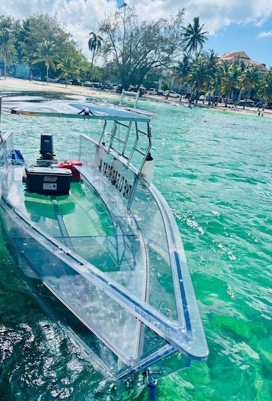 A clear-bottomed boat on turquoise water with a beach and palm trees in the background. 2