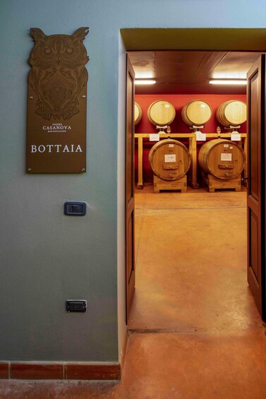 A wine cellar with wooden barrels and a sign reading 'Bottai.' 1