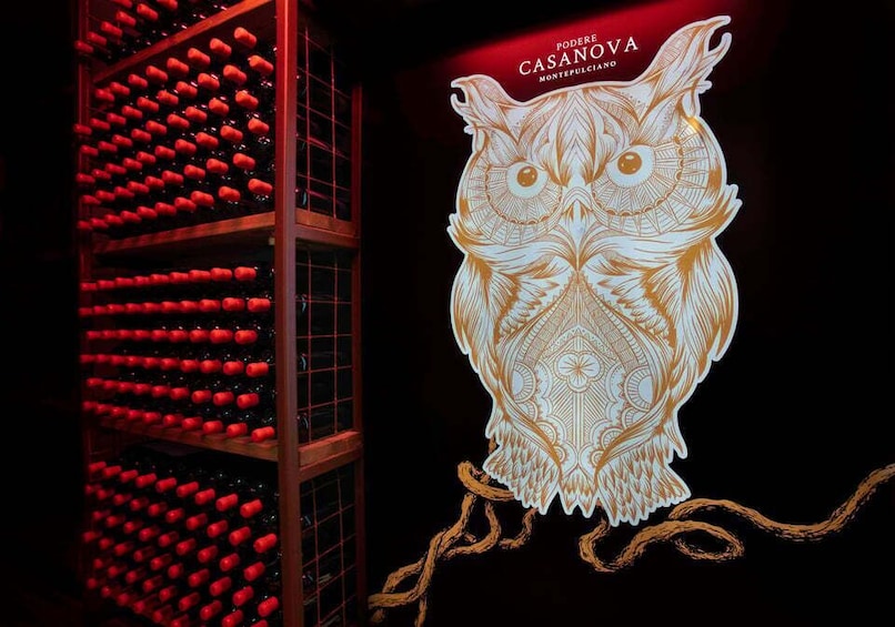 A wine cellar with red wine bottles and a large illuminated owl sculpture. 4
