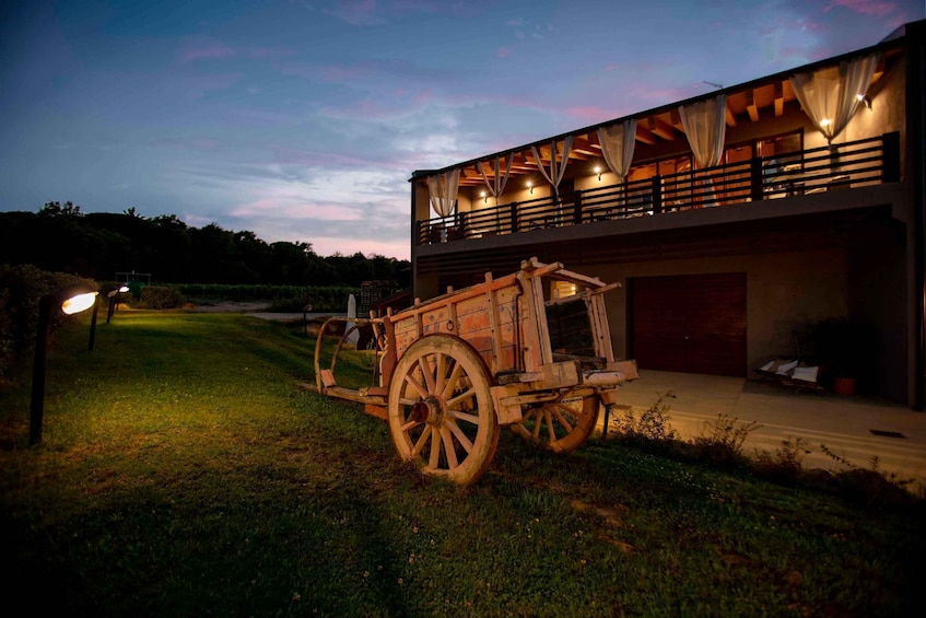 A modern building with a wooden carriage parked in front. 5