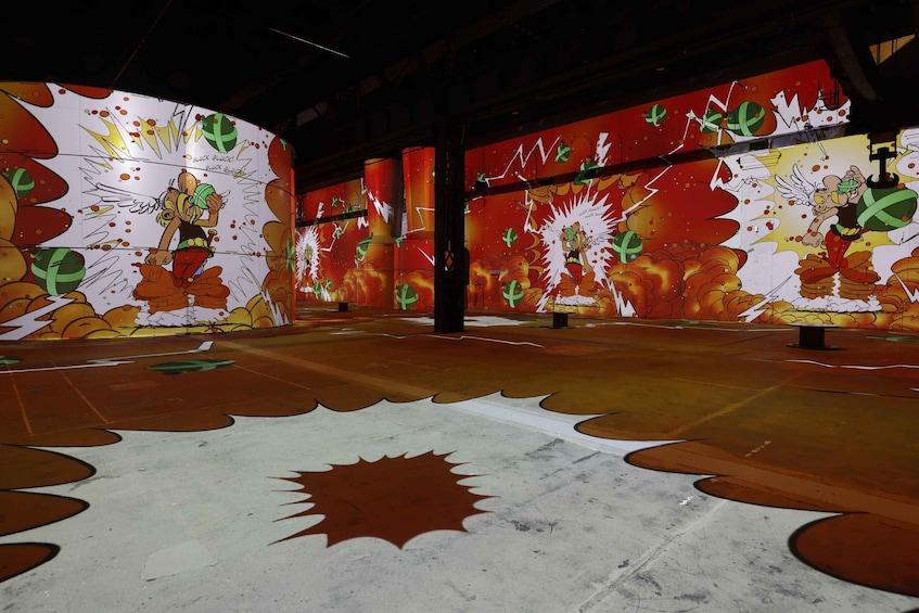 A room with colorful murals and a patterned floor. 4