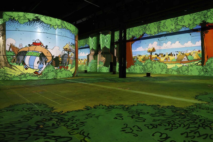A large indoor space with murals on the walls depicting a rural scene with a character riding a horse and a village with houses and trees. 2