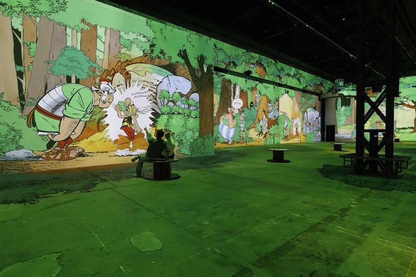 A large mural with animated characters in a forest setting. 1
