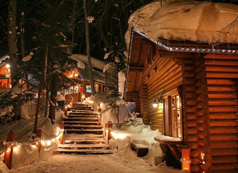 A snow-covered wooden cabin with a staircase leading up to it, surrounded by trees and snow. 4