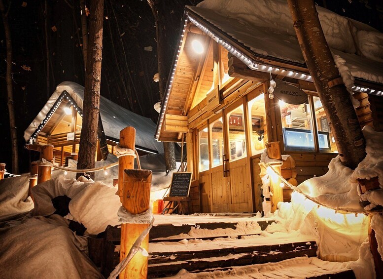 A wooden cabin with snow-covered steps and a lit entrance, surrounded by trees. 3