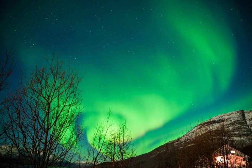 A night sky with the aurora borealis, a snow-covered rock formation, and a small cabin. 5
