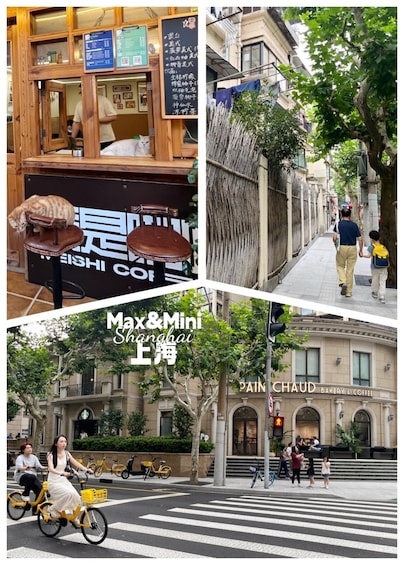 A street scene with a cafe, a pedestrian walkway, and a bakery. 3