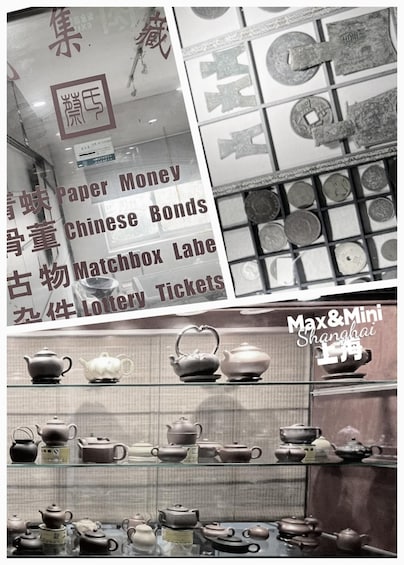 A display of Chinese tea sets and coins in a shop. 4