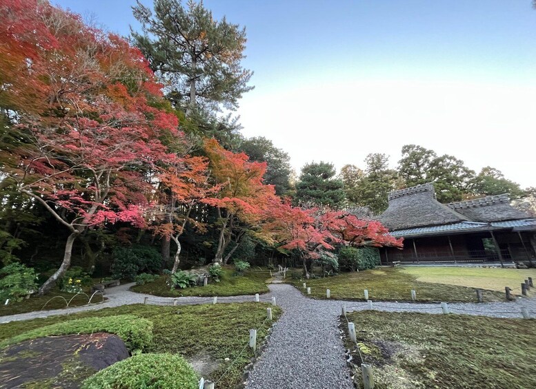 A traditional Japanese garden with a pathway, red foliage trees, and a historic building. 2