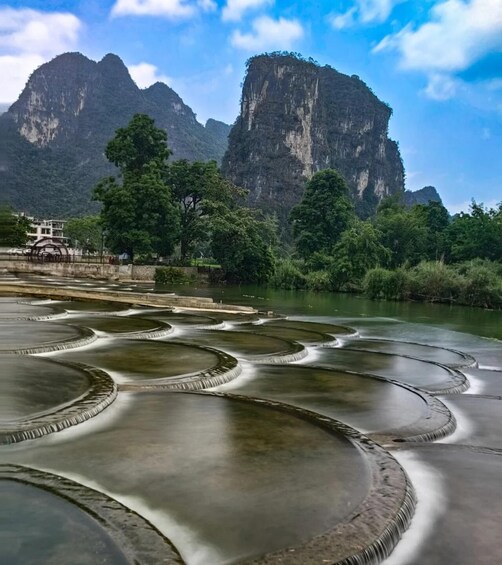 Terraced water bodies, a river, and mountainous terrain. 3
