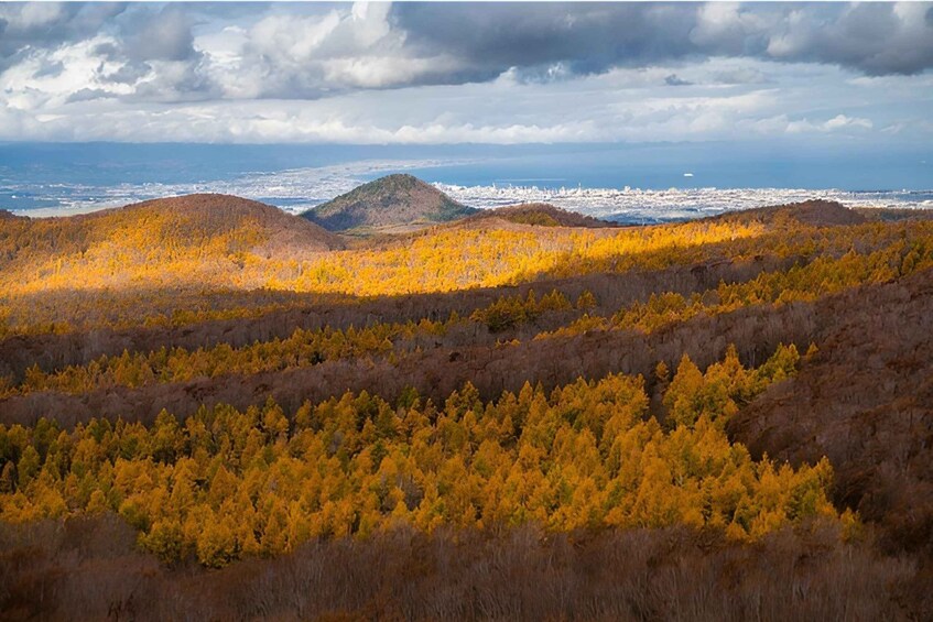 A mountainous landscape with autumn foliage, a distant view of a city, and a cloudy sky. 5