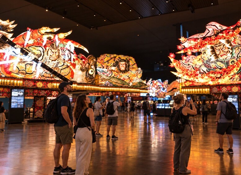 A spacious indoor area with large, colorful dragon and lion dance floats. 5